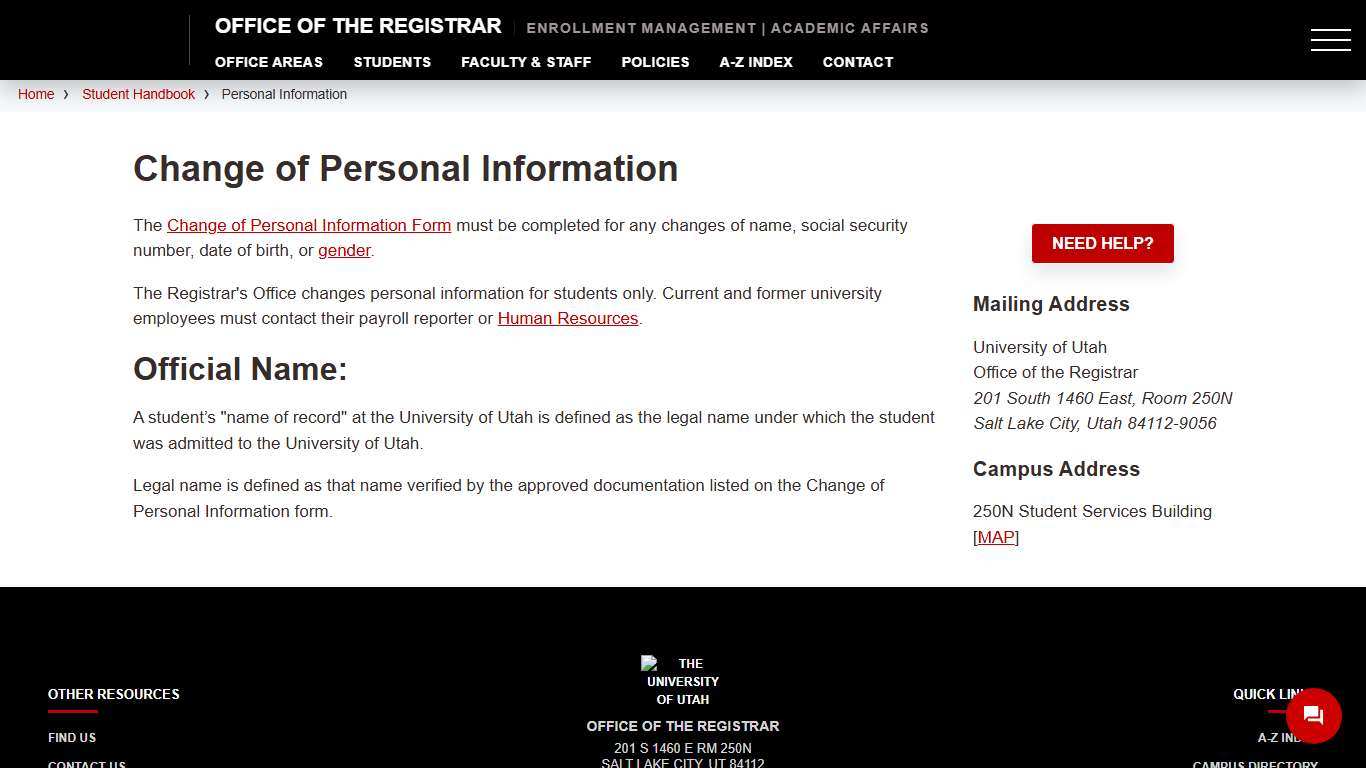 Personal Information - Office of the Registrar - The University of Utah